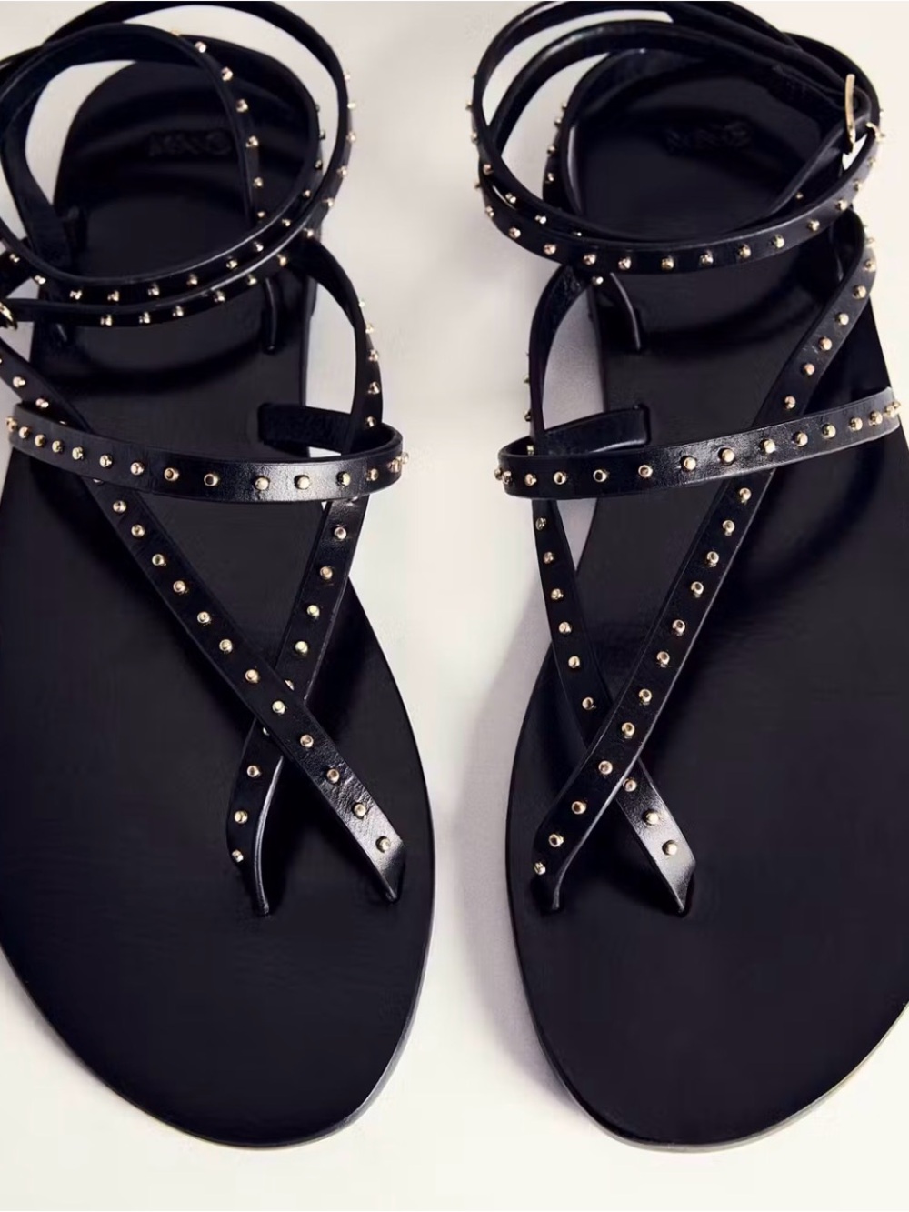 Black Leather Studded Strappy Flat Sandals - Women